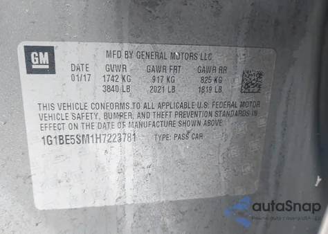 2017 Chevrolet Cruze Lt Auto from USA, damaged, VIN 1G1BE5SM1H7223781